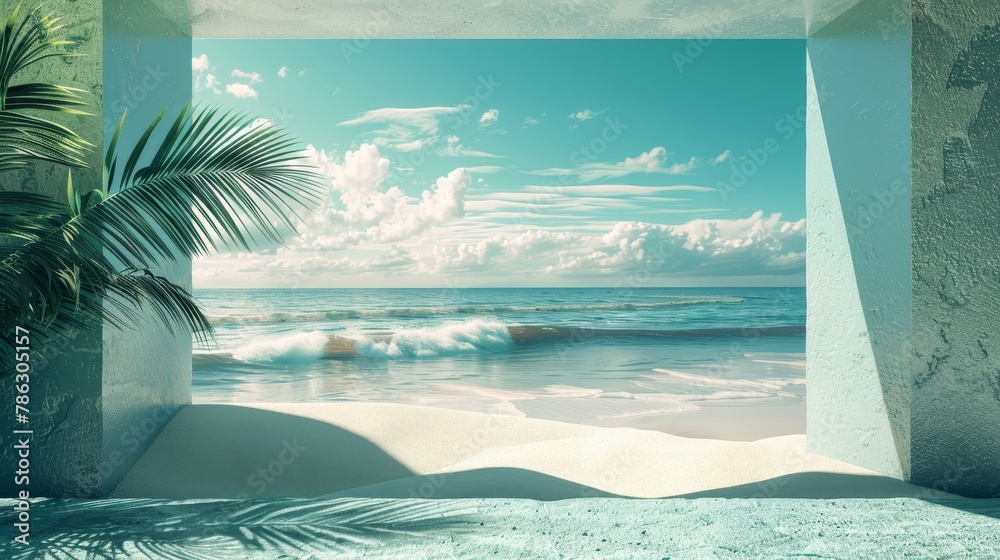 Leinwandbilder A 3D rendering of an abstract summer landscape scene with geometric forms. A view of the ocean beach...