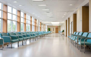 Obraz premium A serene and welcoming hospital waiting area adorned with clean chairs, fostering a tranquil and comfortable healthcare atmosphere