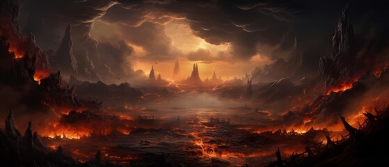 Volcanic terrain where molten gold flows form barriers against a horde of firebreathing monsters, creating a surreal battlefield, with copy space