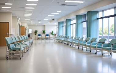 Fototapeta premium A serene and welcoming hospital waiting area adorned with clean chairs, fostering a tranquil and comfortable healthcare atmosphere