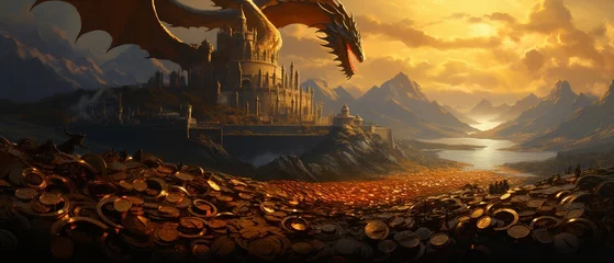 Fotobehang A colossal dragon hoarding a mountain of shimmering coins, battling a legion of armored knights made of solid gold, under a crimson sky © Parinwat Studio