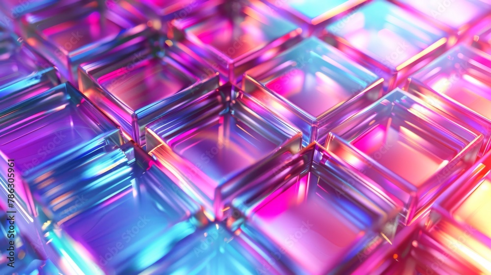 Poster an abstract 3d background wallpaper with glass squares that emit colorful light emitters and have an