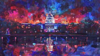 Night painting of Capitol Building with electric blue lights reflecting on water - obrazy, fototapety, plakaty