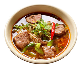 Beef noodle soup, spicy, delicious, appetizing, Asian food, isolated background.