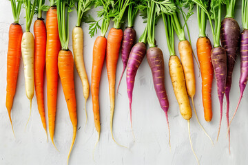 colorful carrots on a white table, top view - obrazy, fototapety, plakaty