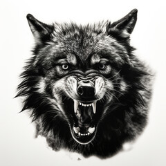 Fototapeta premium black and white wolf, mouth open snarling, contrast, white background сreated with Generative Ai