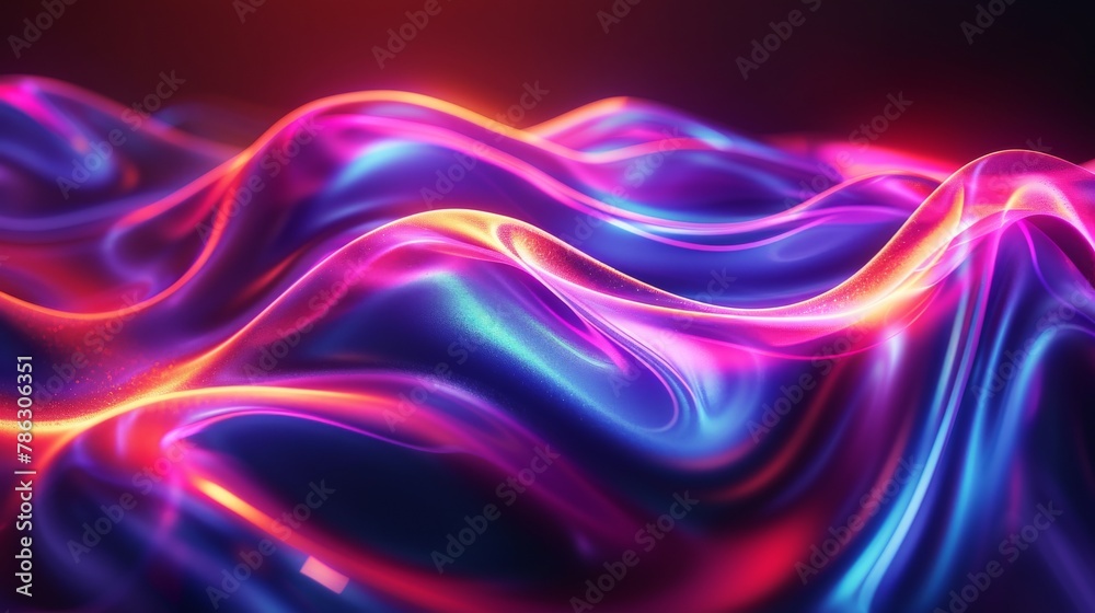 Poster A fluid 3d render of a shimmering holographic iridescent neon curved wave on a dark dark background. This is a gradient design element suitable for banners, backgrounds, wallpapers, and covers...