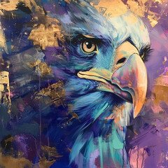 bald eagle with goddess, abstract realism art, vibrant colors, blues, violets and golds