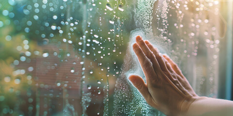 A person is holding their hand up against a window with rain drops on it