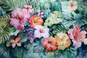 Vibrant watercolor of tropical flowers and leaves in detailed patterns