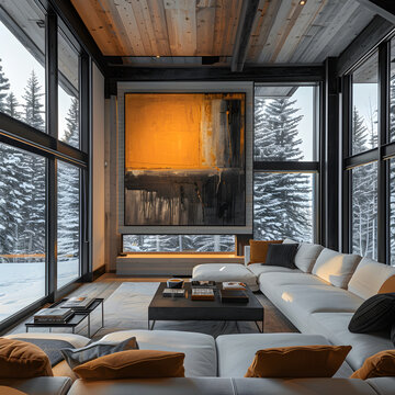 beautiful modern ski cabin, the focal point is a perfectly square painting hanging on a large blank wall, minimal, high end. 3d render.