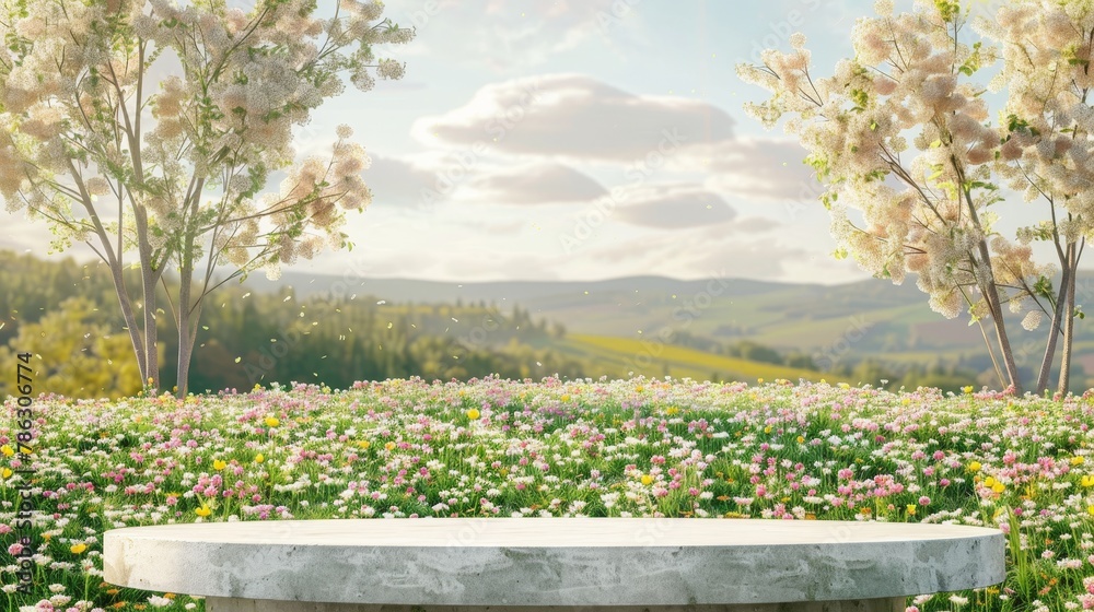 Poster 3d rendering of natural beauty podium backdrop with spring flower field....