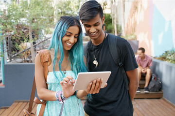 Campus, Gen z and friends, connection and tablet for scholarship for education, learning and...