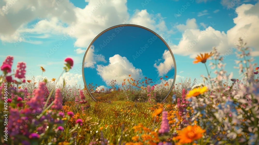 Poster A reflection of the sky in a mirror on a spring flower field. This is a 3D rendering.