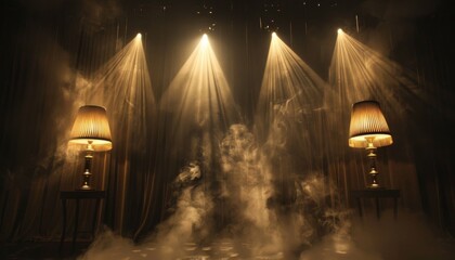 Captivating studio scene with stage beams from vintage lamps creating dramatic illumination