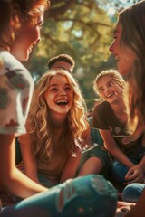 A lively scene of young individuals laughing and conversing on a bench outdoors, highlighted. - obrazy, fototapety, plakaty