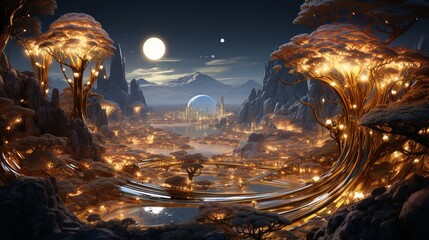 An alien planet where the vegetation is made of precious metals and the inhabitants trade in physical currencies of gold and silver - obrazy, fototapety, plakaty