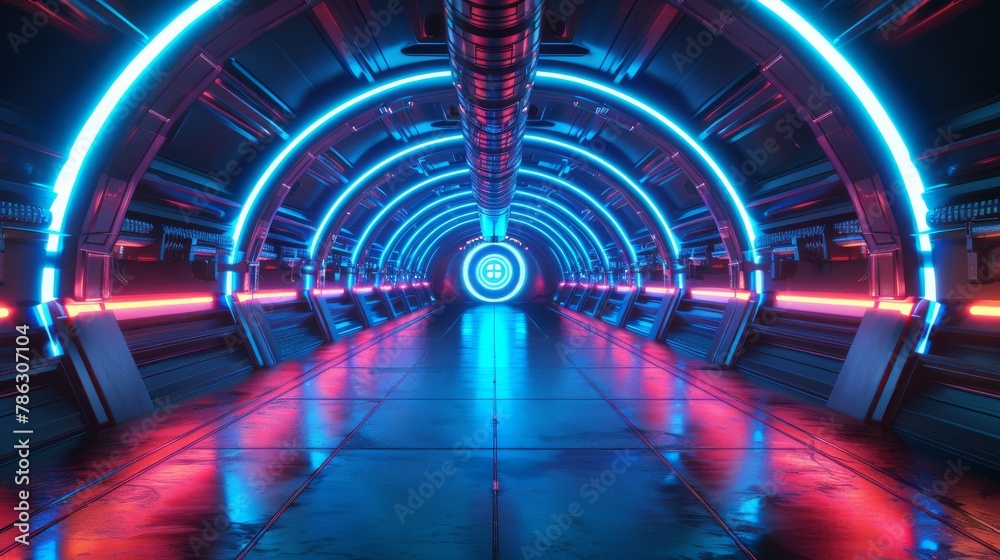 Canvas Prints An advertisement, showroom, technology, future, modern, sport, game, metaverse scene rendered with blue neon glowing in spaceship corridor hallway. Sci Fi Illustration.