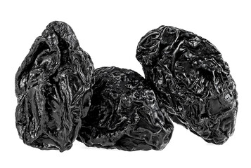 Sweet prunes isolated on a white background. Fruit of dried prunes. Dried plums.