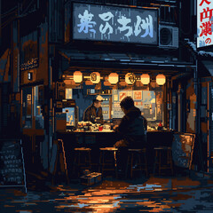 Nostalgic Nights Japanese Ramen Bar Retro Pixel Art - obrazy, fototapety, plakaty