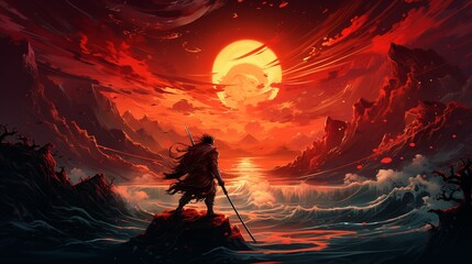 An epic duel between samurais wielding swords forged from gold and armor crafted from coins, under a bloodred moon - obrazy, fototapety, plakaty
