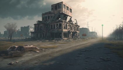 Empty ruined city. Post-apocalypse, houses and roads illustration.