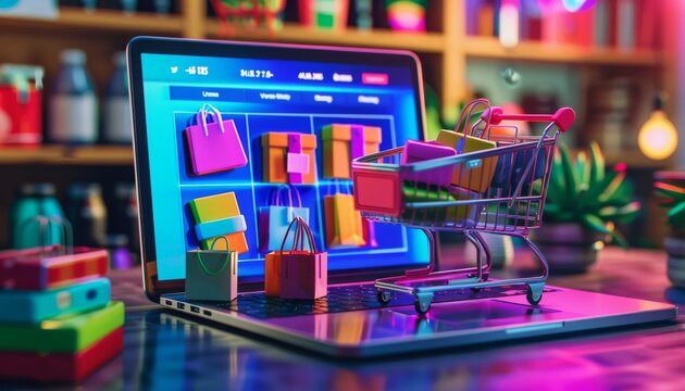 A conceptual illustration of an online shopping interface on laptop, displaying variety of products