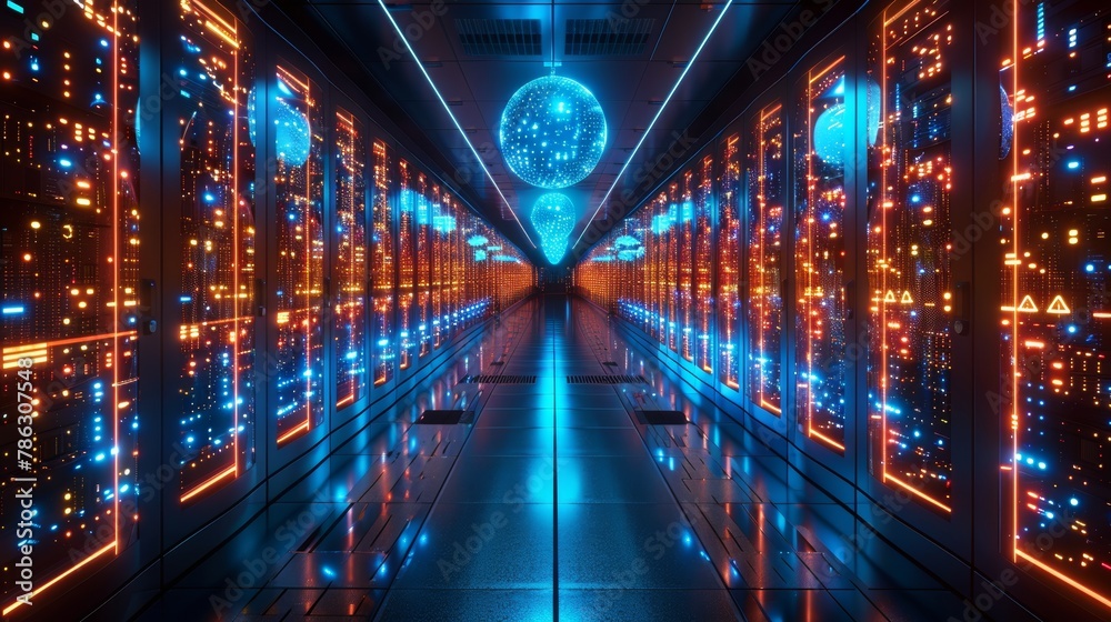 Poster Data center or cloud storage concept. Abstract design interior of a server room in a data center. Futuristic space with digital electronics. Data spheres hanging over the floor.