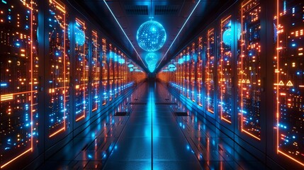 Data center or cloud storage concept. Abstract design interior of a server room in a data center. Futuristic space with digital electronics. Data spheres hanging over the floor. - obrazy, fototapety, plakaty