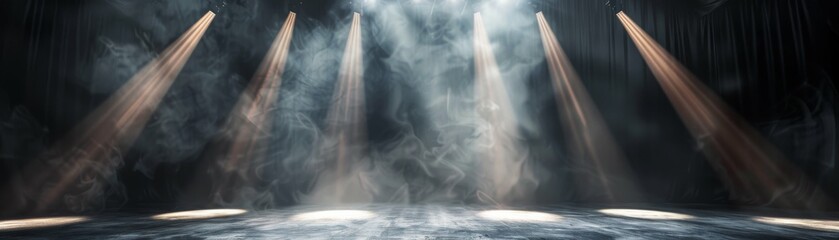 A dynamic scene featuring stage beams and theatrical spotlights against a black backdrop,