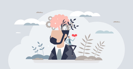 Self esteem concept with psychological yourself awareness and tiny person acceptance. Mental health care and inner feelings or emotions understanding vector illustration. Personality characteristics.
