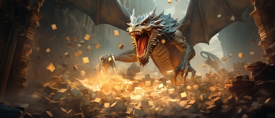 Fantastical scene of giant money notes wielding swords against a goldhoarding dragon, amidst a treasurefilled cavern, with copy space - obrazy, fototapety, plakaty