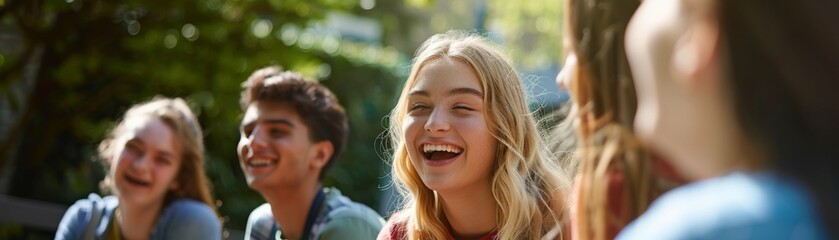 A group of young people enjoy laughter and conversation on an outdoor bench,