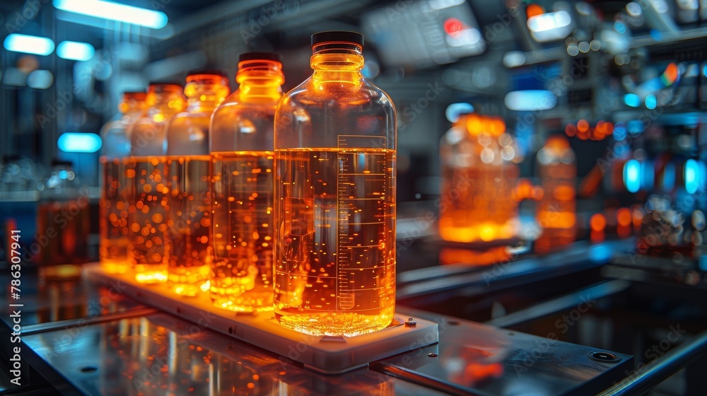 Poster on an engineer's desk, a 3d printer is printing a model made of plastic. bottles with polymer resin 