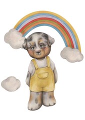 puppy in yellow overalls with rainbow watercolor illustration
