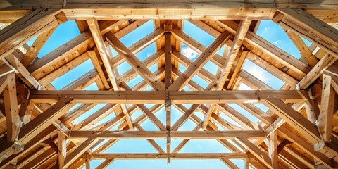 A roof truss structure made of light wood,  home structure
