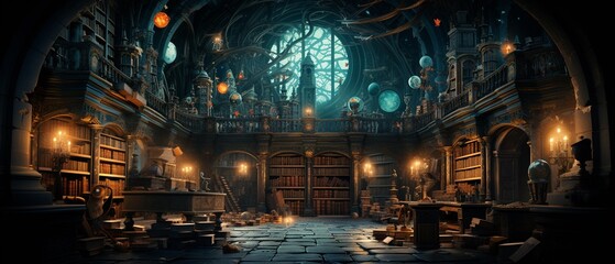 A magical library with shelves of ancient, valuable coins, where a burglar, invisible but for the floating money in their hands, sneaks past slumbering, bookish dragons  Color Grading Teal and Orange - obrazy, fototapety, plakaty
