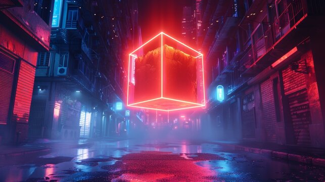 This is a 3D rendering with an abstract blue red neon background and a holographic cube levitating above a busy city street. This is a digital geometric wallpaper with a blue red neon background.