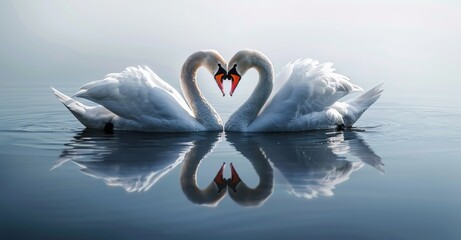 KSTwo white swans in love forming the shape of a hear