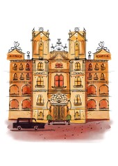 Orange castle building watercolor illustration black car on the road