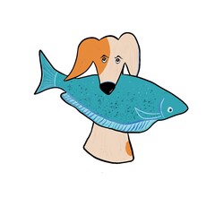 The dog holds a fish in its teeth. illustration