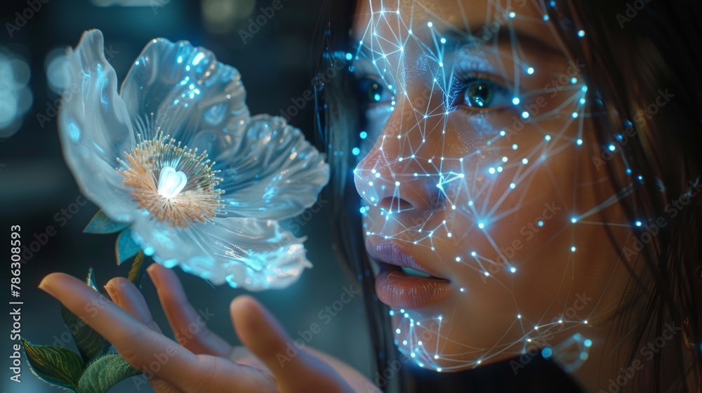 Poster Humanoid AI face profile with robotic flower. AI learns the world through computer neural networks using digital brain analysis. Industry 4.