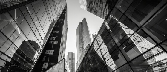 monochrome backdrop highlights the geometric architecture of modern buildings, with glass windows - obrazy, fototapety, plakaty