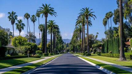 One cannot help but be captivated by the manicured lawns and palm-lined streets that define Beverly Hills. The neighborhoods are adorned with exquisite mansions boasting timeless architecture - obrazy, fototapety, plakaty