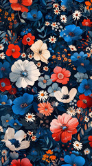 Floral Pattern in Blue Red White