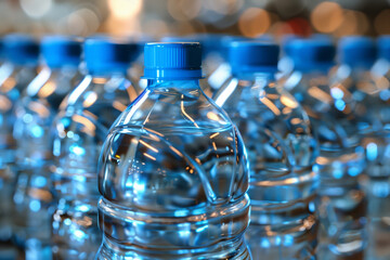 A row of water bottles with blue caps