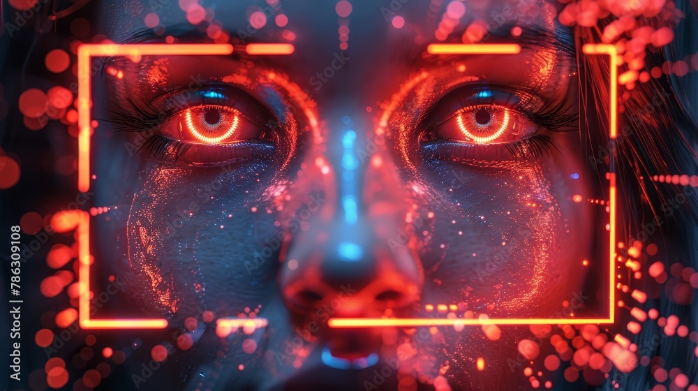Poster Abstract background of technology. Computer digital neon square frame with artificial intelligence face, 3D geometric shapes in cyberspace. Artificial intelligence head. Abstract digital computer