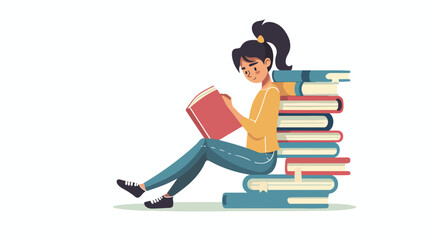 Girl reading and sit at side of book stack