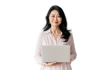 East Asian Woman with Laptop on Transparent