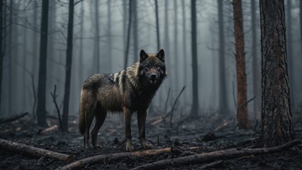 Wolf in forest after fire. Generative AI